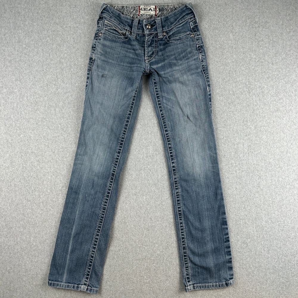 Ariat Jeans Women 25R Blue REAL‎ Low Rise Western Straight Thick Stitch Rodeo